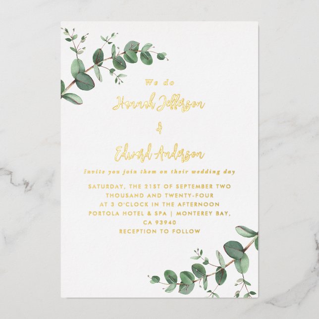 foil Wedding green Eucalyptus botanical Invitation (Front)