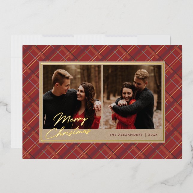 Foil Winter Plaid Christmas 2-Photo Card - Red (Envelope)