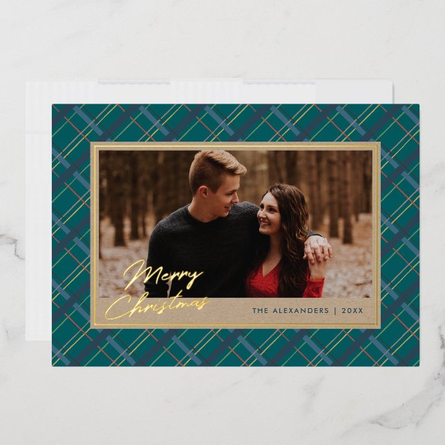 Foil Winter Plaid Christmas Photo Card - Green (Envelope)