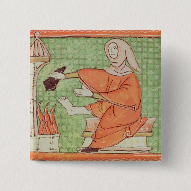 Fol.58r February: Warming by the Fire 2 Inch Square Button (Front)
