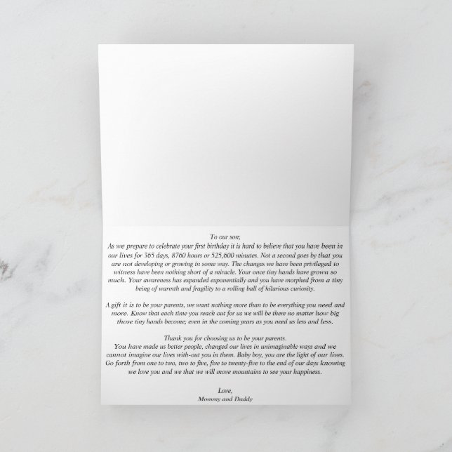 Folded 1st Birthday Card for Son from Mommy&Daddy (Inside)