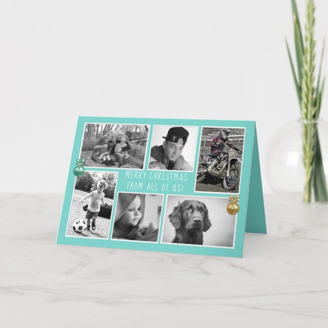 Folded Blue Christmas Photo Collage Holiday Card (Front)