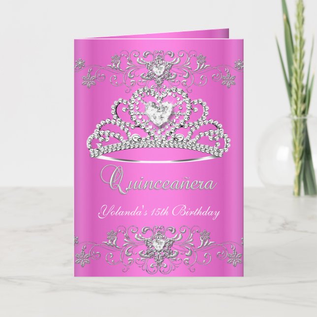 Folded Card Quinceanera Pink Glitter Tiara (Front)