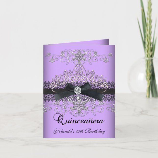 Folded Card Quinceanera Purple Glitter Tiara (Front)