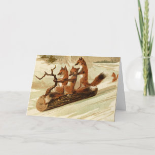 Folded CHRISTMAS Card FOXES ON LOG SLEDDING