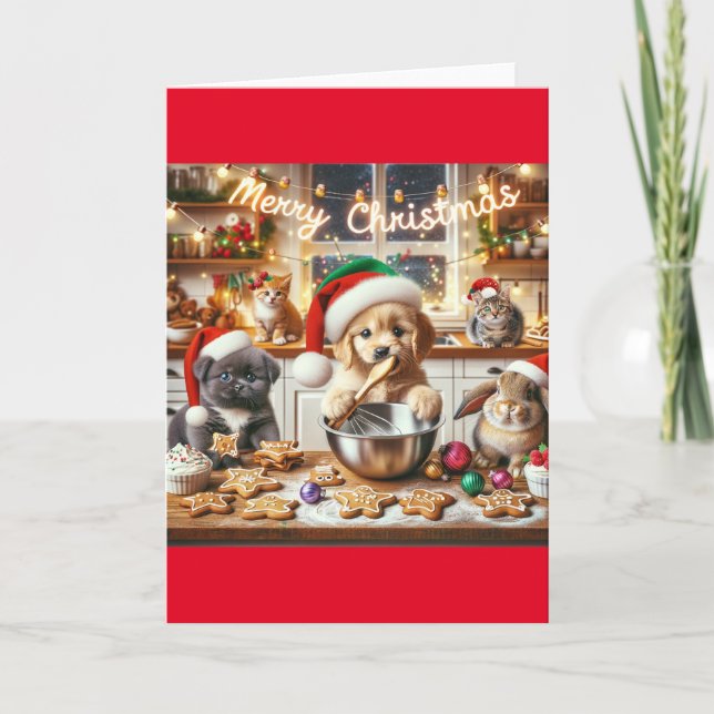 Folded Christmas Card with dog, cat, bunny #6 (Front)