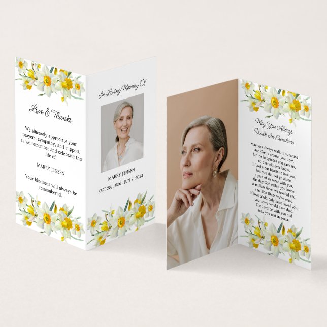 Folded Daffodil Photo Funeral Prayer Card (Inside and Outside)