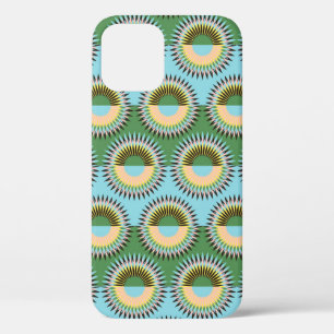 Folded flowers: retro blue-green pattern. iPhone 12 case