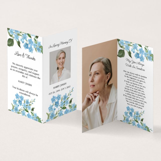 Folded Forget me not Photo Funeral Prayer Card (Inside and Outside)
