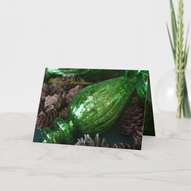 Folded Green Mercury Glass & pinecones Christmas C Card (Front)