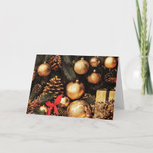 Folded Greeting Card -Gold Ornaments and Pinecones