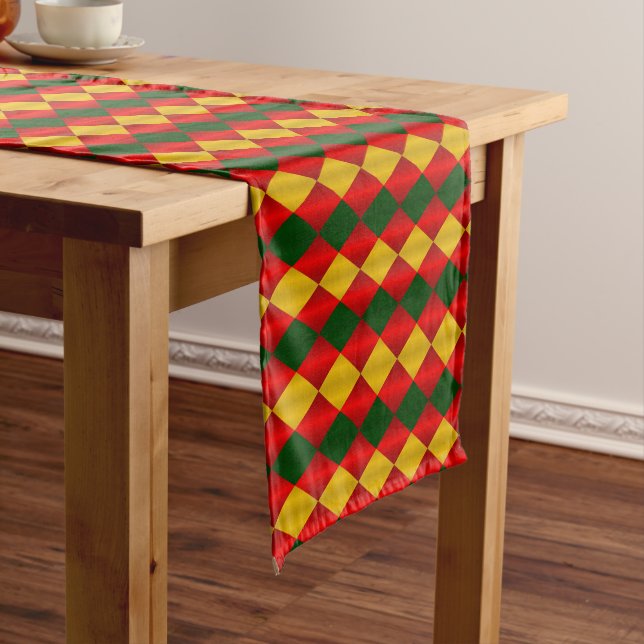 FOLDED HARLEQUIN,RED,GREEN,GOLD-TABLE RUNNER 14x72 (In Situ)