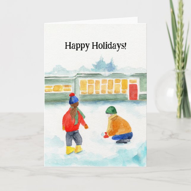 Folded Holiday Card with Children Playing in Snow (Front)