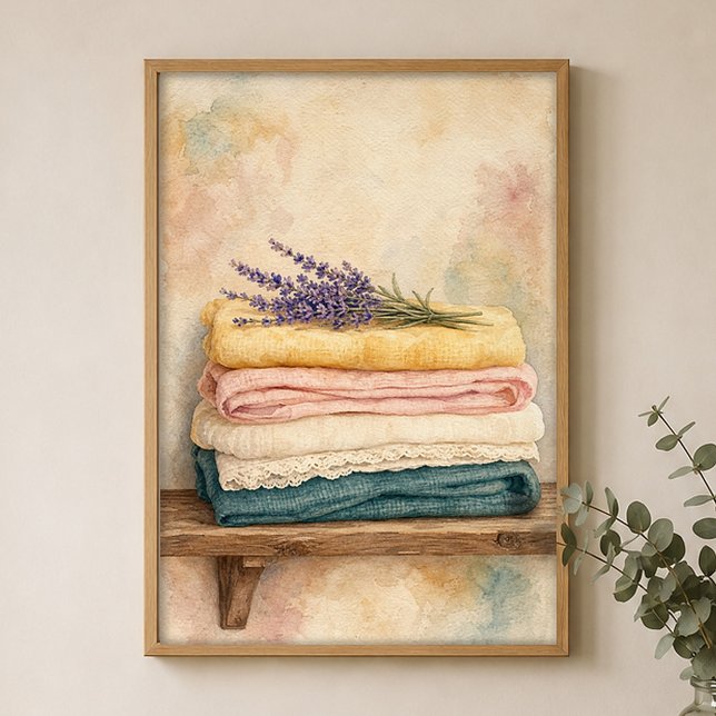 Folded Linen Stack Watercolour Farmhouse Poster (Shown framed for scale. Poster ships unframed; frames are an optional add-on.)