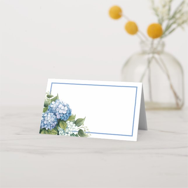 Folded Name Place Card-Blue Hydrangeas Card (Front)
