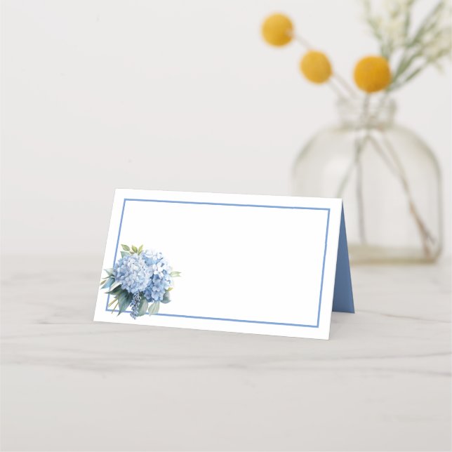 Folded Name Place Card-Blue Hydrangeas Card (Front)
