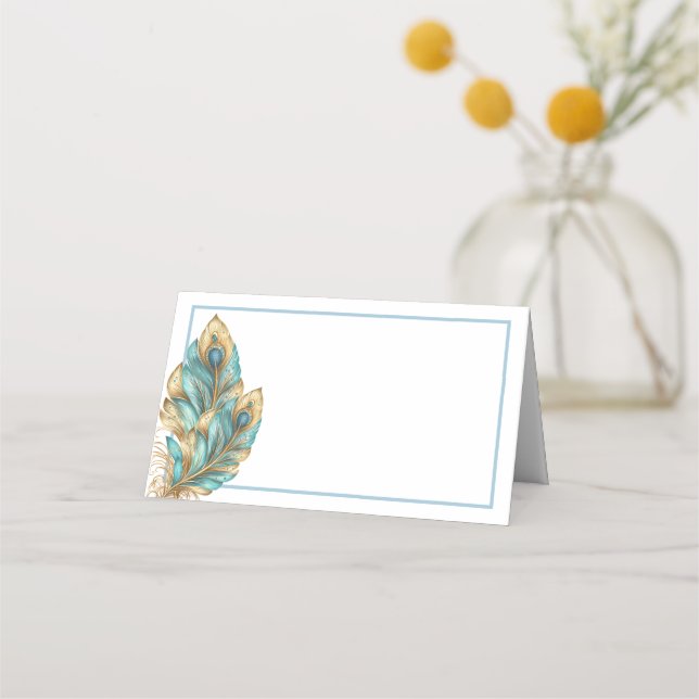 Folded Name Place Card-Peacock Feathers Card (Front)