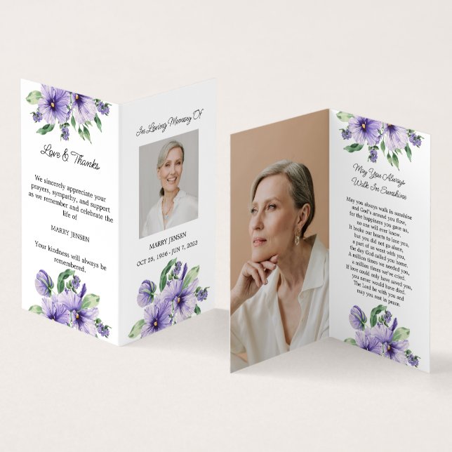 Folded Pansy Photo Funeral Prayer Card (Inside and Outside)