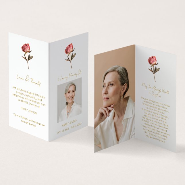 Folded Peony Photo Funeral Prayer Card (Inside and Outside)