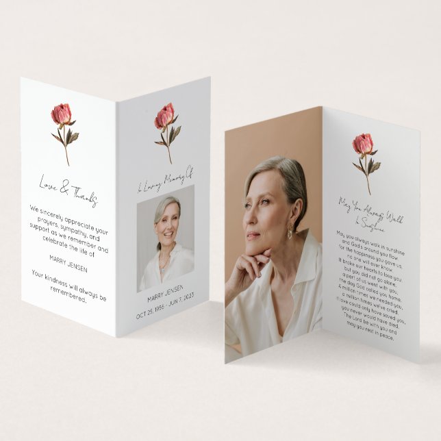 Folded Peony Photo Funeral Prayer Card (Inside and Outside)