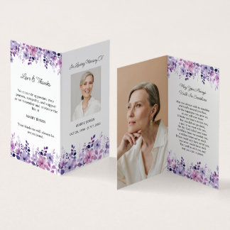 Folded Purple Flower Photo Funeral Prayer Card
