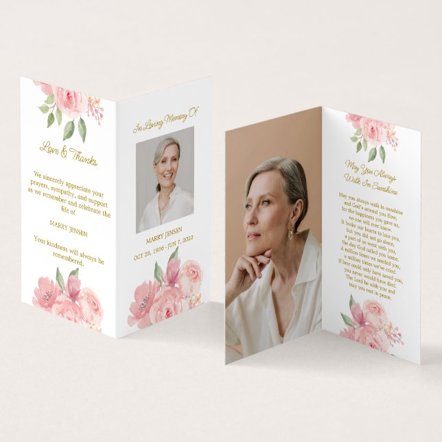 Folded Rose Photo Funeral Prayer Card (Inside and Outside)