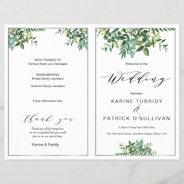 Folded silver & greenery wedding program (Front)
