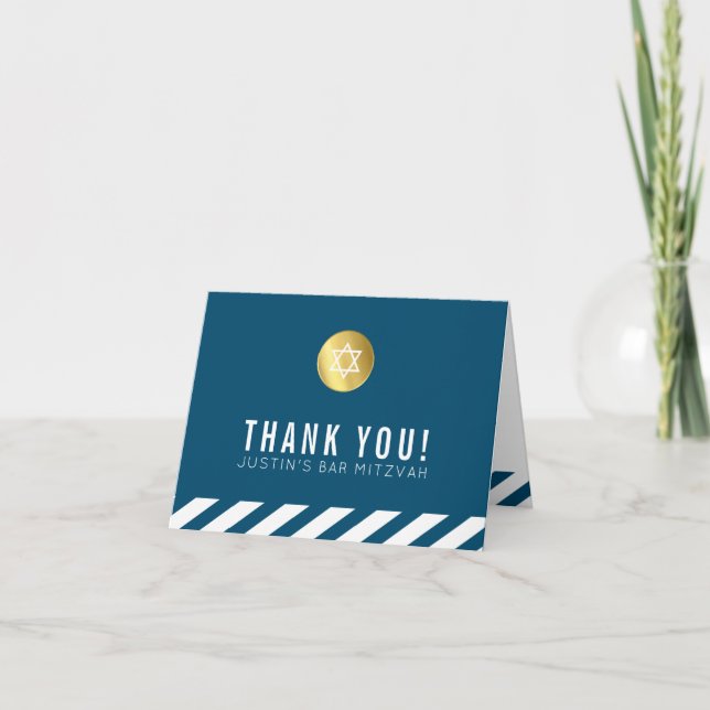 FOLDED THANK YOU bar mitzvah gold star dark blue (Front)