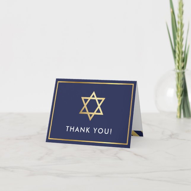 FOLDED THANK YOU bar mitzvah gold star navy blue Card (Front)