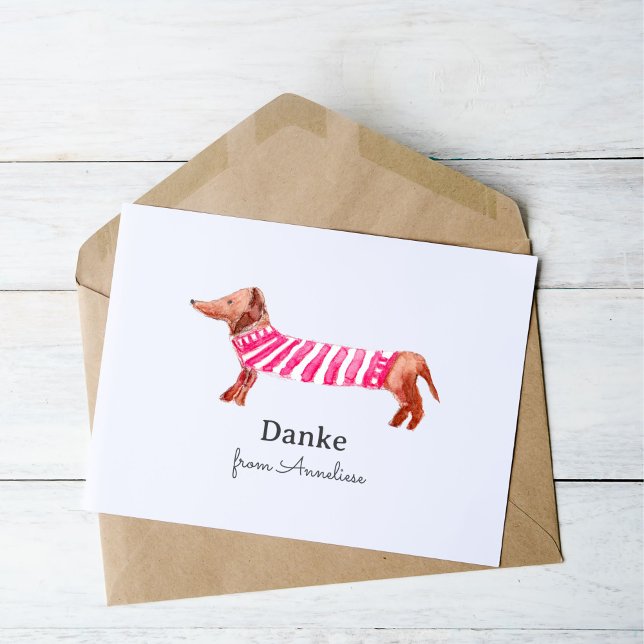 Folded Thank You Card (Say thank you with a German twist with our cute watercolor dachshund, hand-painted and unique!)