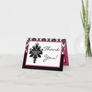 Folded Thank You Card Black Hot Pink Damask Lace