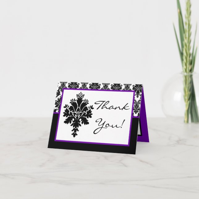 Folded Thank You Card Black Purple Damask Lace (Front)