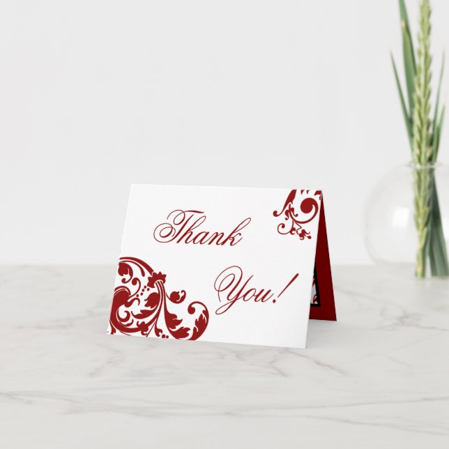 Folded Thank you Card Crimson Red Floral Filigree (Front)