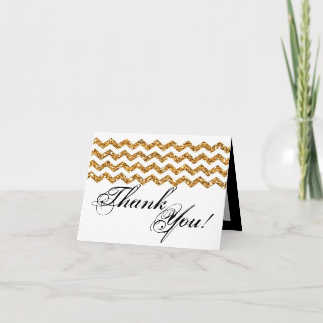 Folded Thank You Card Gold Glitter Chevron Stripe (Front)