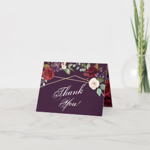 Folded Thank You Card Plum Purple Roses Gold Geome