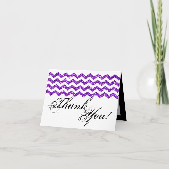 Folded Thank You Card Purpl Glitter Chevron Stripe (Front)