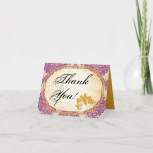 Folded Thank You Card Purple Gold Damask Lace Prin