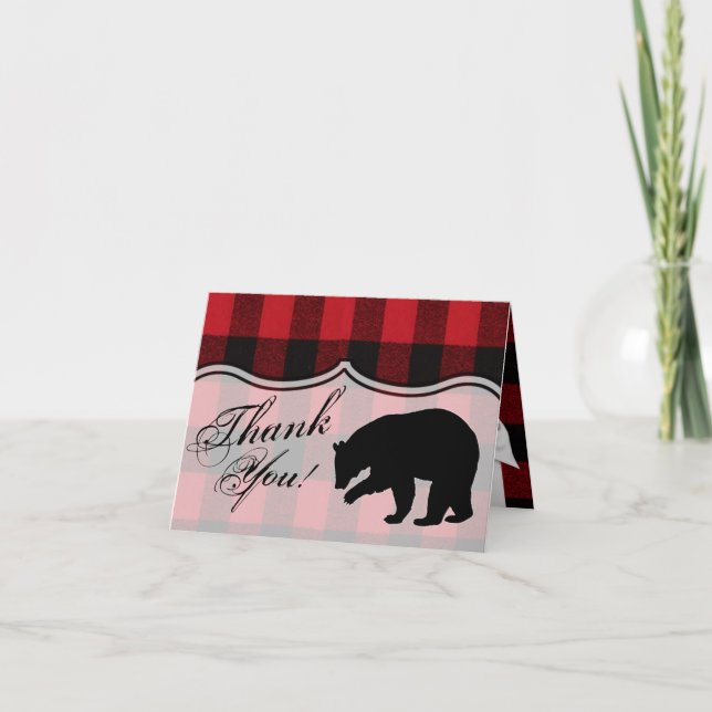 Folded Thank You Card Red Buffalo Plaid Bear Black (Front)