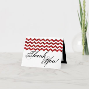 Folded Thank You Card Red Glitter Chevron Stripe