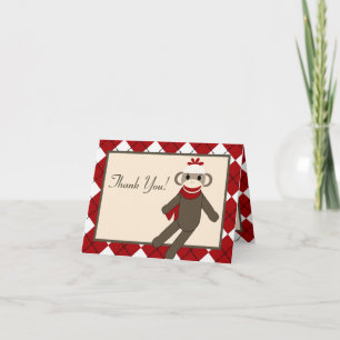 Folded Thank you Card Red Sock Monkey Argyle