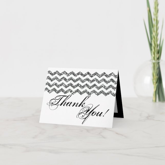 Folded Thank You Card Silve Glitter Chevron Stripe (Front)
