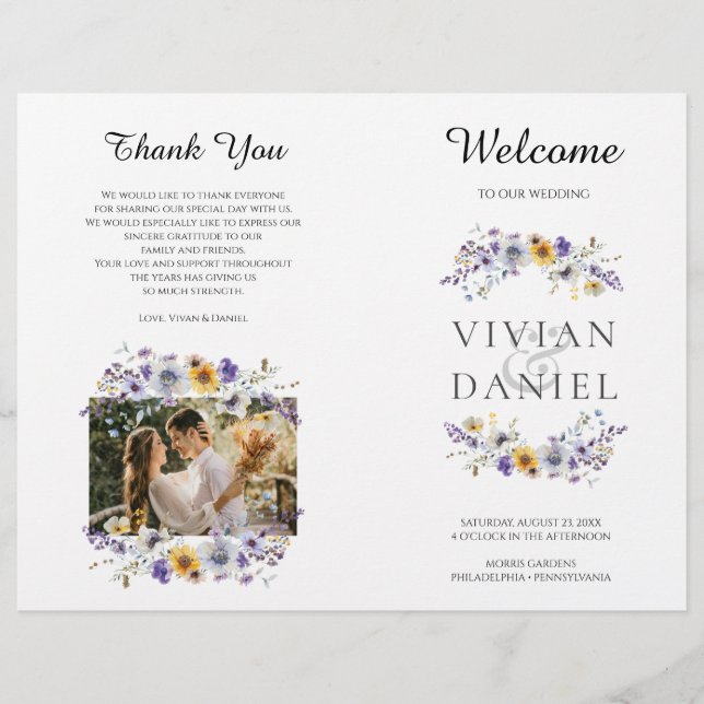 Folded Watercolor Wildflowers Wedding Program Book (Front)