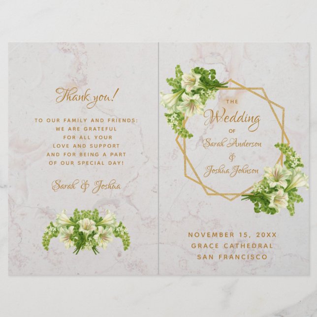 Folded Wedding Program - Marble Gold White Lilies (Front)