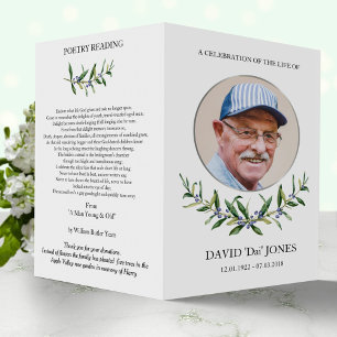 Folding obituary program, olive wreath & silver flyer