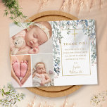 Foliage 3 Photo Collage Baptism Thank You Postcard<br><div class="desc">Gold signature baptism christening photo collage thank you postcard. Personalize with your 3 special photos and special baptism,  christening thank you message in chic gold lettering on this modern elegant design. Designed by Thisisnotme©</div>