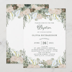 Foliage and Floral   Sage Green Baptism Invitation