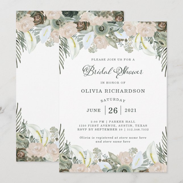 Foliage and Floral | Sage Green Bridal Shower Invitation (Front/Back)