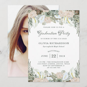 Foliage and Floral Sage Green Grad Party Photo Invitation