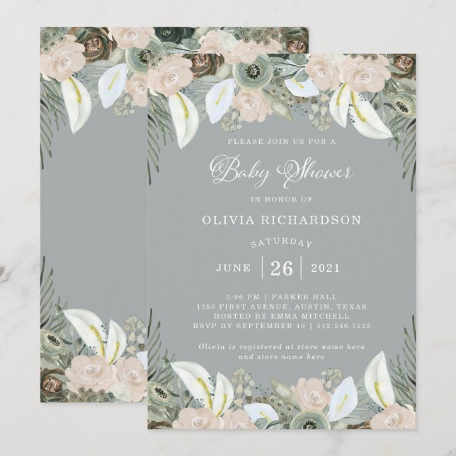 Foliage and Floral | Soft Grey Baby Shower Invitation (Front/Back)