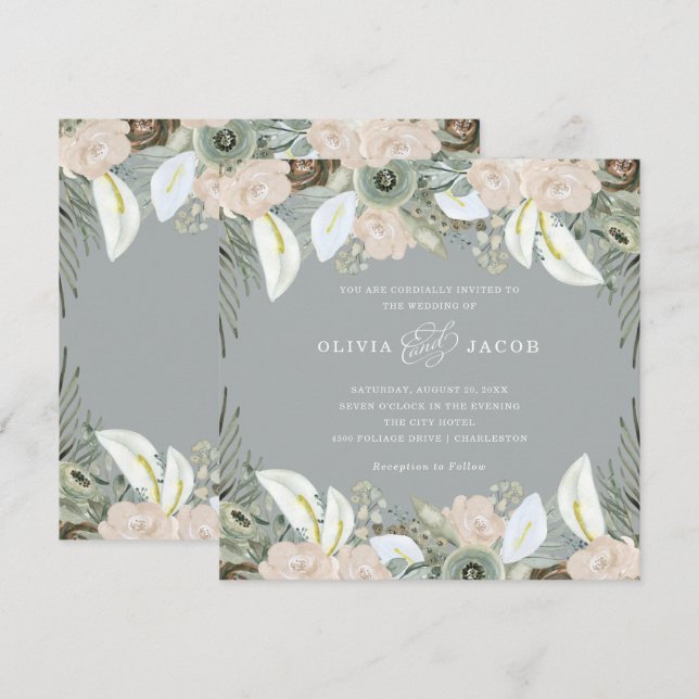 Foliage and Floral | Soft Grey Wedding Invitation (Front/Back)